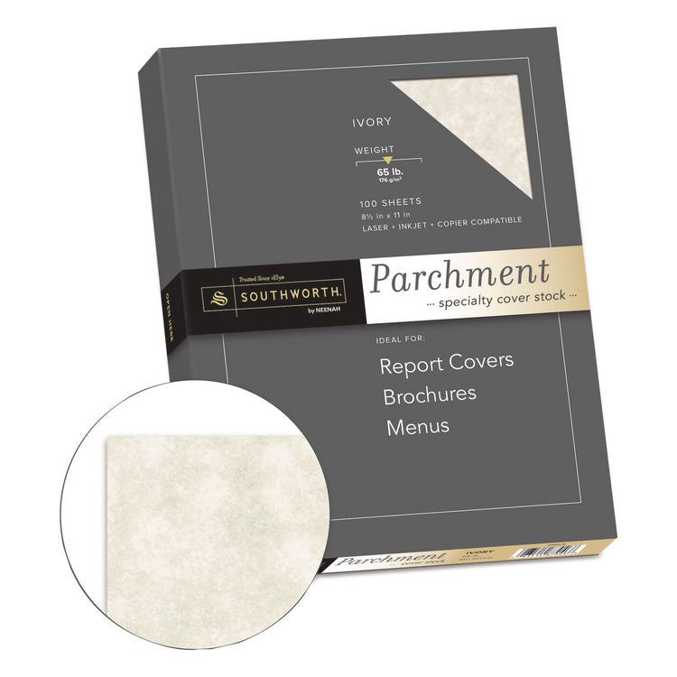 Parchment Specialty Paper, 65 lb Cover Weight, 8.5 x 11, Ivory, 100/Box