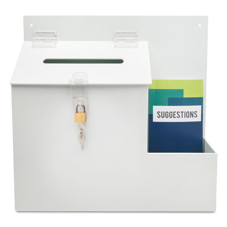 Suggestion Box Literature Holder with Locking Top, 13.75 x 3.63 x 13.94, Plastic, White