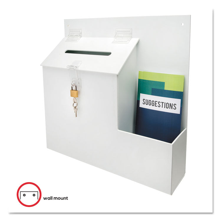 Suggestion Box Literature Holder with Locking Top, 13.75 x 3.63 x 13.94, Plastic, White