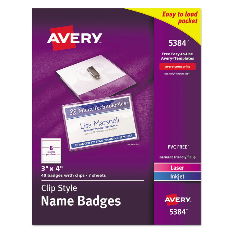 Clip-Style Name Badge Holder With Laser/inkjet Insert, Top Load, 4 X 3, White, 40/box