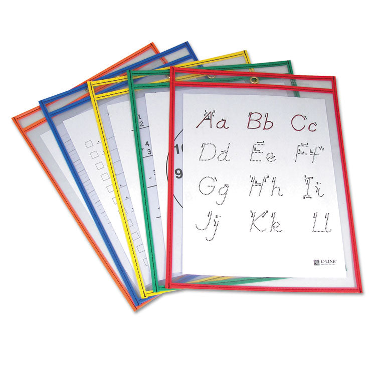 Reusable Dry Erase Pockets, Super Heavy-Duty, Top Load 9 x 12 Insert, Clear Front, Assorted Border Colors, 5/Pack