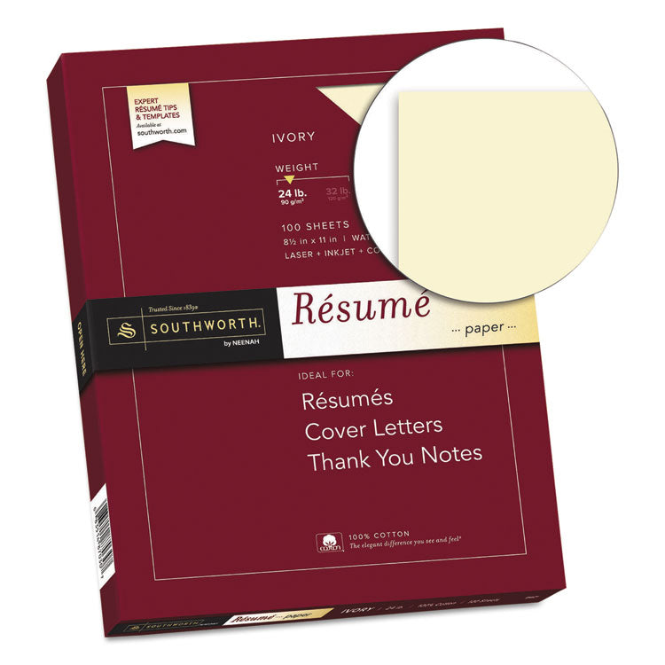 100% Cotton Resume Paper, 24 lb Bond Weight, 8.5 x 11, Ivory, 100/Pack