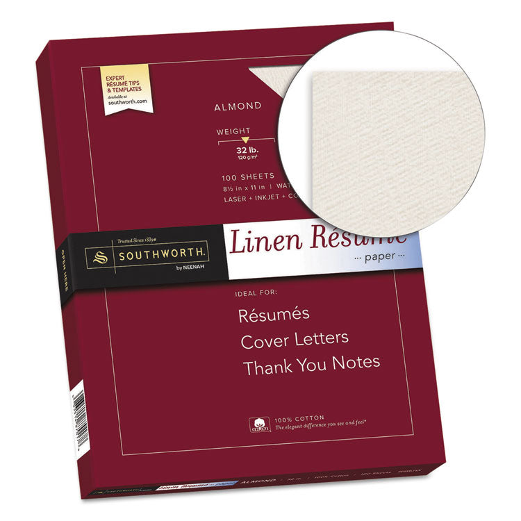 100% Cotton Premium Weight Linen Resume Paper, 32 lb Bond Weight, 8.5 x 11, Almond, 100/Pack