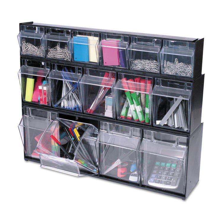 Tilt Bin Interlocking Multi-Bin Storage Organizer, 4 Sections, 23.63" X 6.63" X 8.13", Black/clear