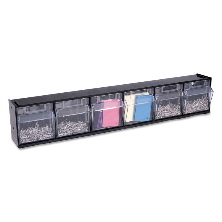 Tilt Bin Interlocking Multi-Bin Storage Organizer, 6 Sections, 23.63" X 3.63" X 4.5", Black/clear