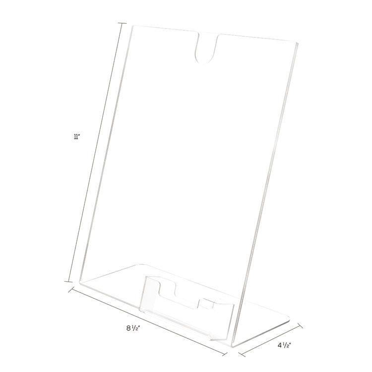 Superior Image Slanted Sign Holder with Business Card Holder, 8.5w x 4.5d x 11h, Clear