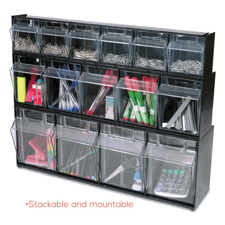 Tilt Bin Interlocking Multi-Bin Storage Organizer, 4 Sections, 23.63" X 6.63" X 8.13", Black/clear