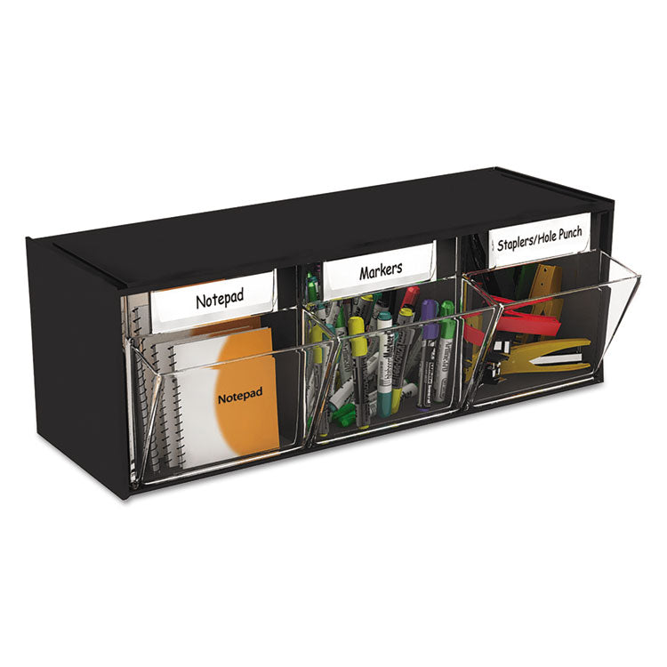 Tilt Bin Interlocking Multi-Bin Storage Organizer, 3 Sections, 23.63" X 7.75" X 9.5", Black/clear