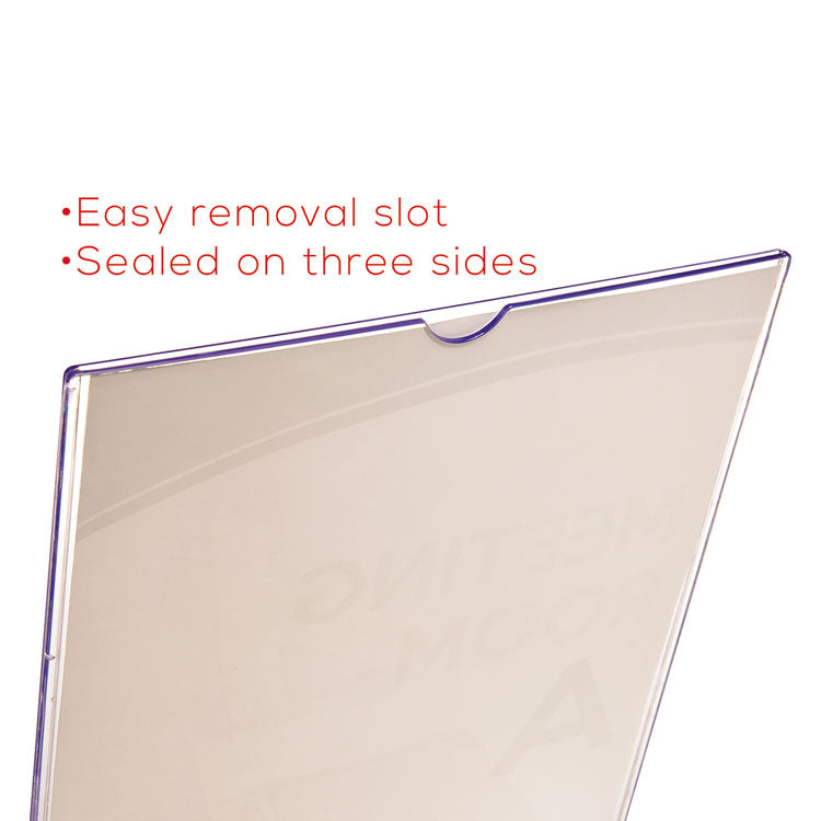 Superior Image Slanted Sign Holder with Front Pocket, 9w x 4.5d x 10.75h, Clear