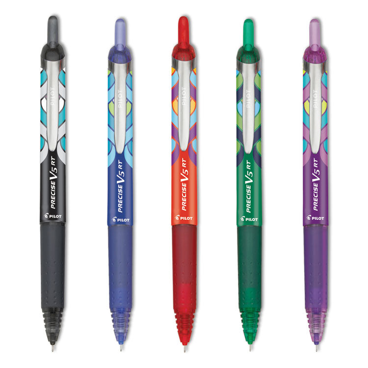 Precise V5RT Deco Peacock Pattern Rollerball Pen, Retractable, Extra-Fine 0.5 mm, Assorted Ink and Barrel Colors, 5/Pack