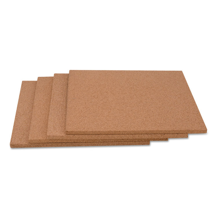 Cork Tile Panels, Classic Synthetic Cork Surface, 12" x 0.38" x 12", Brown, 4/Pack