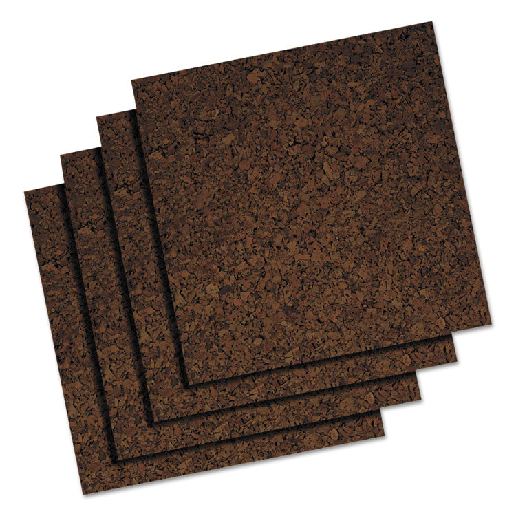 Cork Tile Panels, Authentic Natural Cork Surface, 12" x 0.38" x 12", Dark Brown, 4/Pack