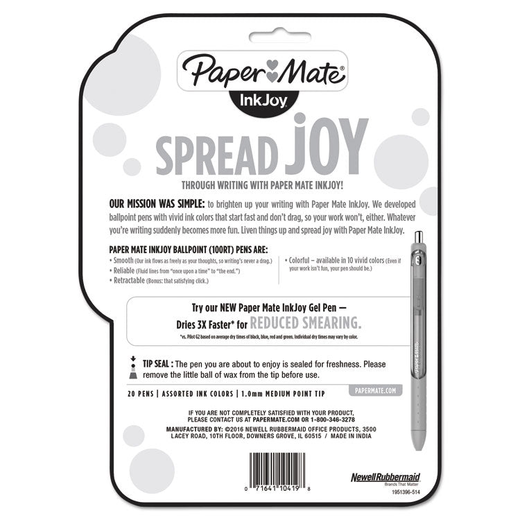 InkJoy 100 RT Ballpoint Pen, Retractable, Medium 1 mm, Assorted Ink and Barrel Colors, 20/Pack