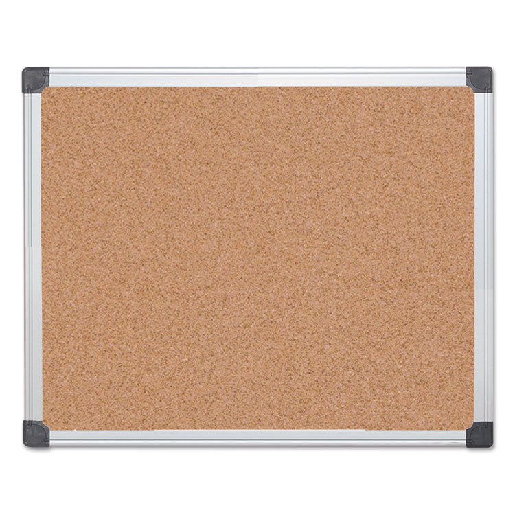 Value Cork Bulletin Board with Aluminum Frame, 24" x 36", Tan Surface, Satin Aluminum Frame