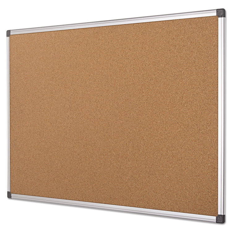Value Cork Bulletin Board with Aluminum Frame, 24" x 36", Tan Surface, Satin Aluminum Frame