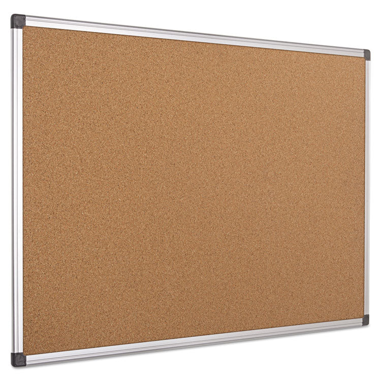Value Cork Bulletin Board with Aluminum Frame, 24" x 36", Tan Surface, Satin Aluminum Frame