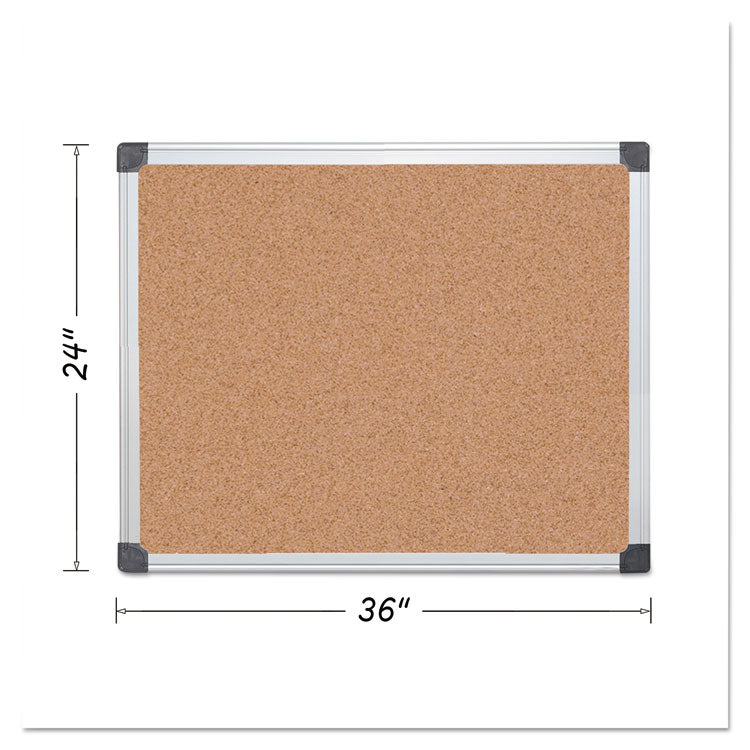 Value Cork Bulletin Board with Aluminum Frame, 24" x 36", Tan Surface, Satin Aluminum Frame