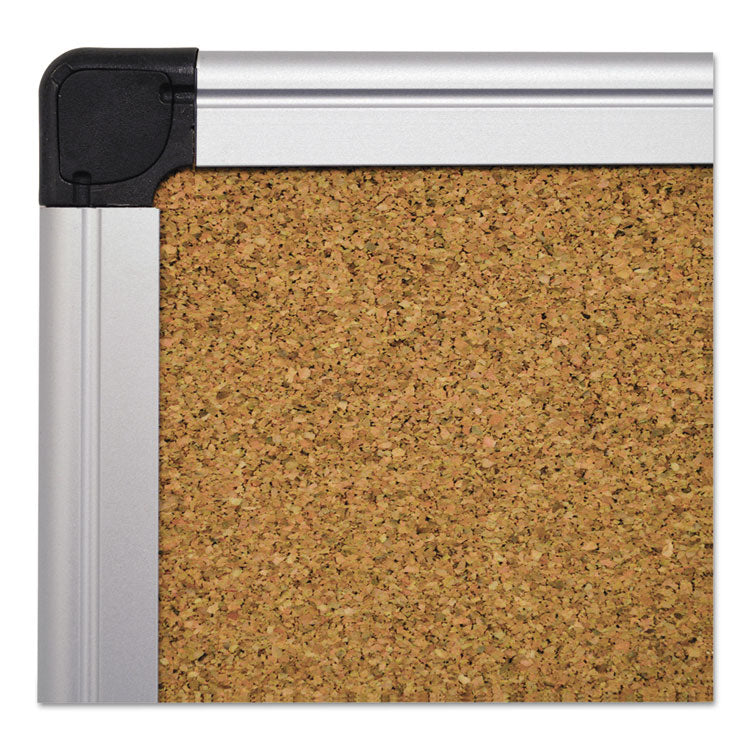 Value Cork Bulletin Board with Aluminum Frame, 24" x 36", Tan Surface, Satin Aluminum Frame