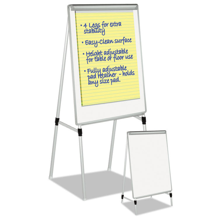 Silver Easy Clean Dry Erase Quad-Pod Presentation Easel, 28" x 39.5", White Surface, Black/Satin Aluminum Frame