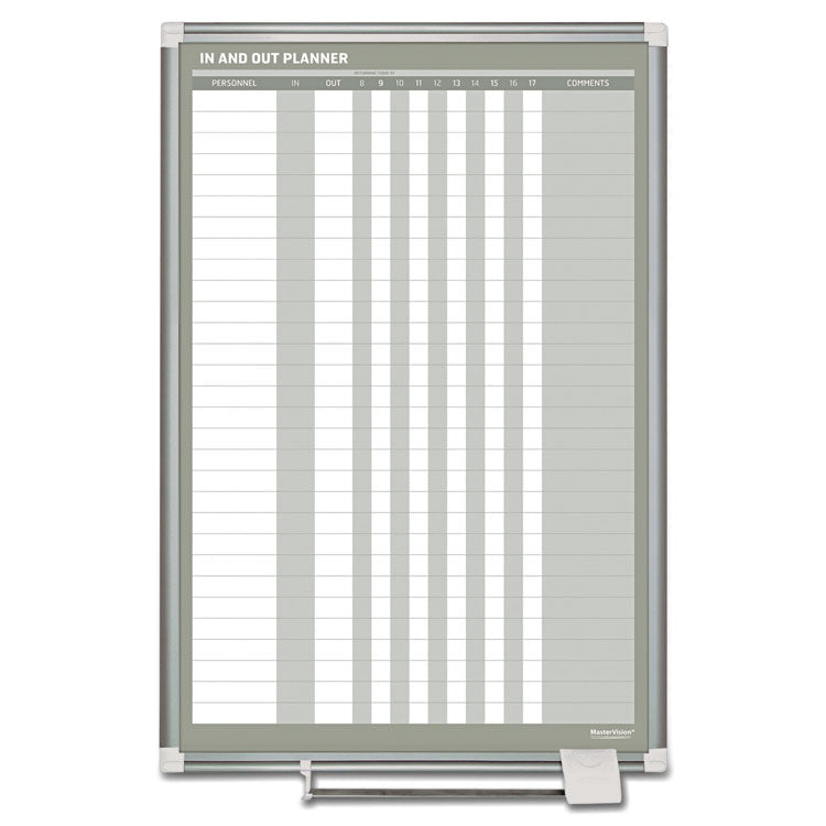 In-Out Magnetic Dry Erase Board, 30-Person Tracking, 24" x 36", White Surface, Satin Aluminum Frame