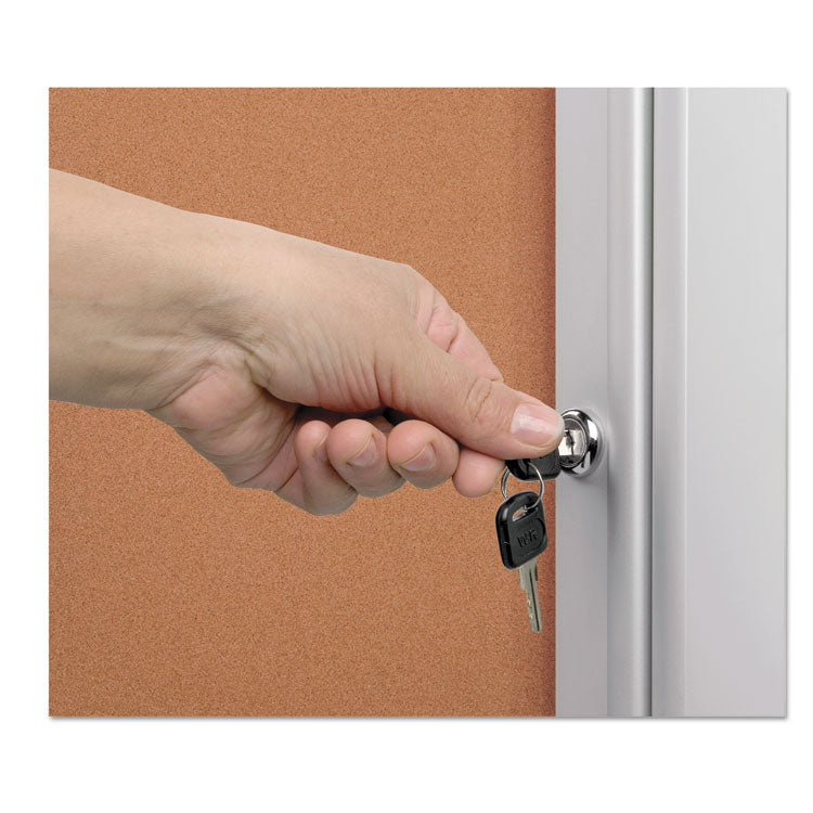 Slim-Line Enclosed Cork Bulletin Board with One Door, 28" x 38", Tan Surface, Satin Aluminum Frame