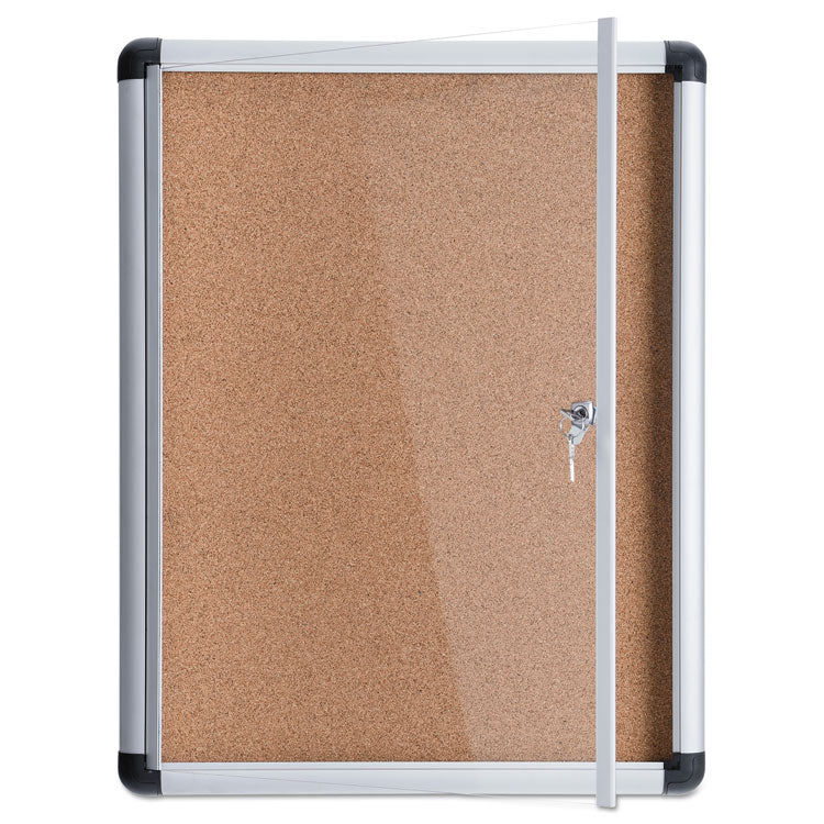 Slim-Line Enclosed Cork Bulletin Board with One Door, 28" x 38", Tan Surface, Satin Aluminum Frame