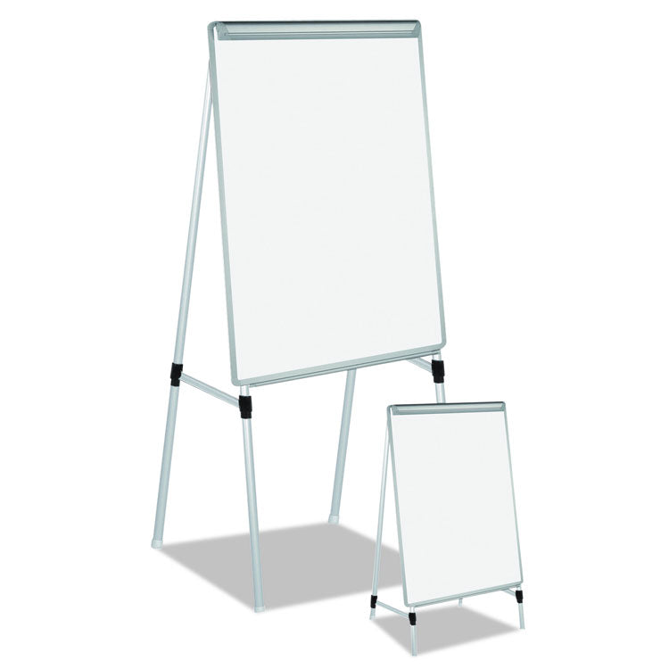 Silver Easy Clean Dry Erase Quad-Pod Presentation Easel, 28" x 39.5", White Surface, Black/Satin Aluminum Frame