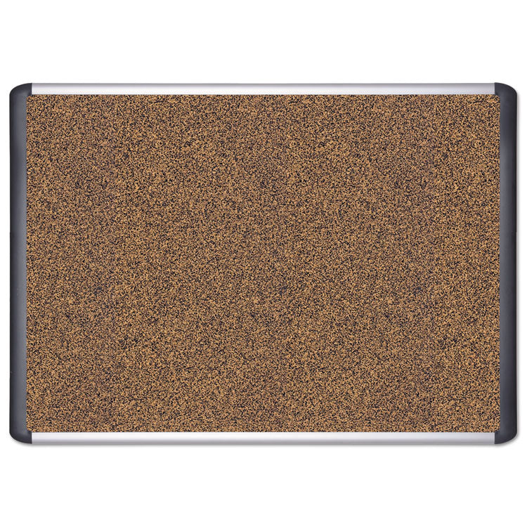 Tech Cork Board, 36" x 24", Tan Surface, Silver/Black Aluminum Frame