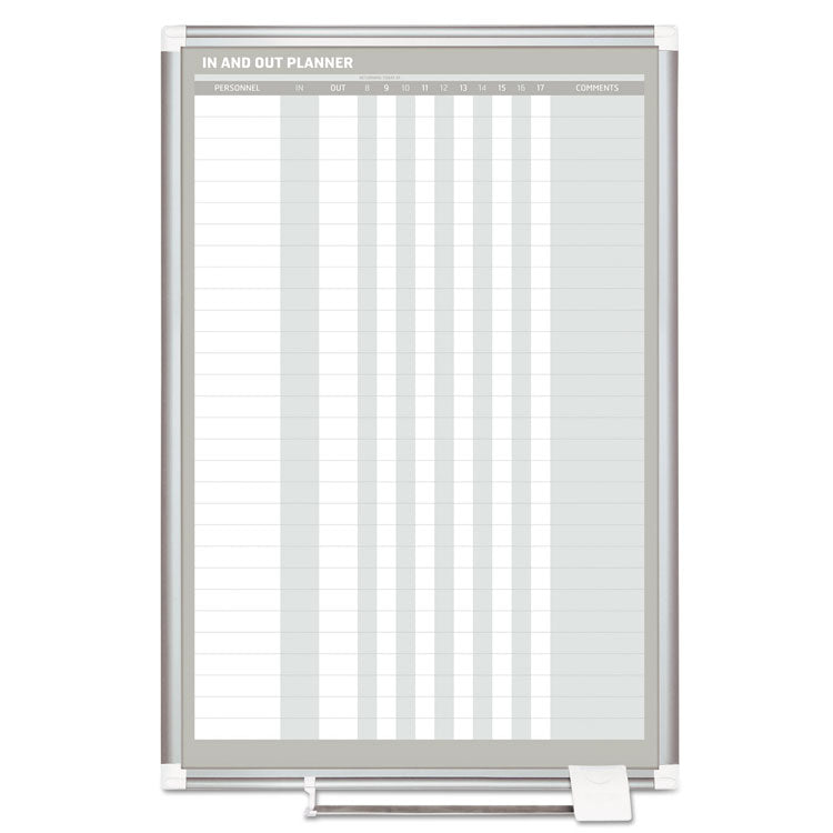 In-Out Magnetic Dry Erase Board, 30-Person Tracking, 24" x 36", White Surface, Satin Aluminum Frame