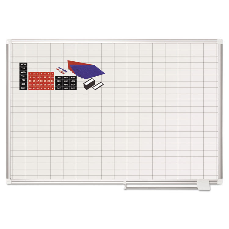 Gridded Magnetic Steel Dry Erase Project Planning Board, 1" x 2" Cells, 48" x 36", White Surface, Satin Aluminum Frame