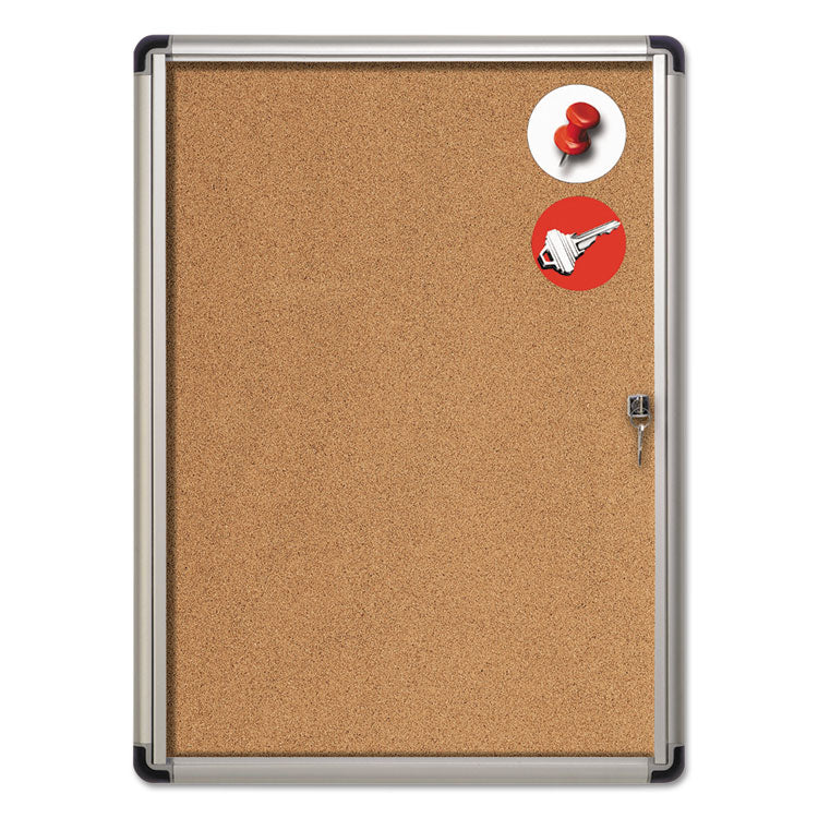 Slim-Line Enclosed Cork Bulletin Board with One Door, 28" x 38", Tan Surface, Satin Aluminum Frame
