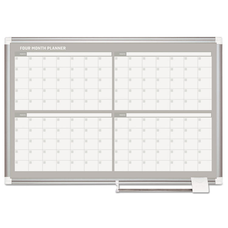 Magnetic Dry Erase Calendar Board, Four-Month Planning/Scheduling, 36" x 24", White Surface, Satin Aluminum Frame