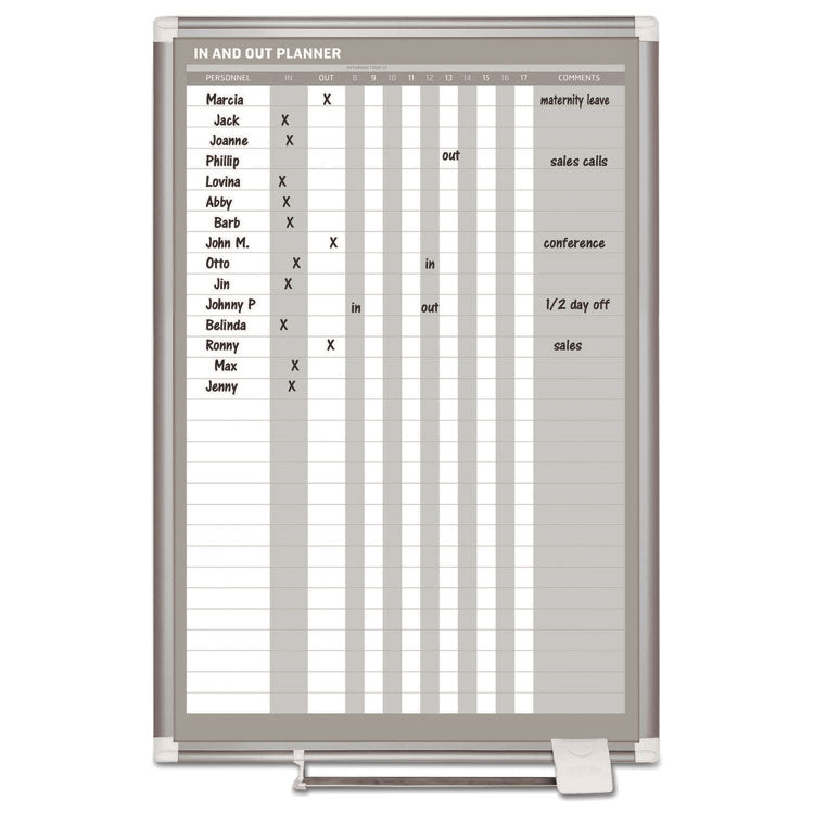 In-Out Magnetic Dry Erase Board, 30-Person Tracking, 24" x 36", White Surface, Satin Aluminum Frame