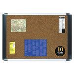 Tech Cork Board, 36" x 24", Tan Surface, Silver/Black Aluminum Frame