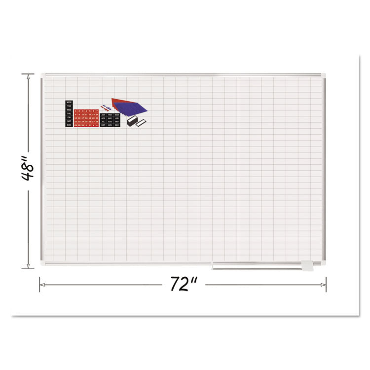 Gridded Magnetic Steel Dry Erase Project Planning Board, 1" x 2" Cells, 72" x 48", White Surface, Satin Aluminum Frame