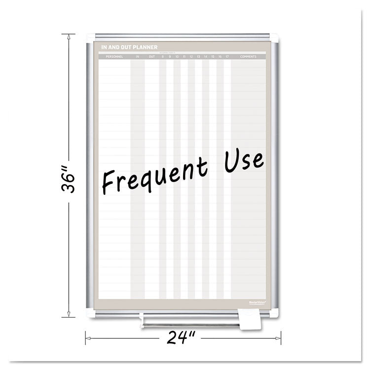 In-Out Magnetic Dry Erase Board, 30-Person Tracking, 24" x 36", White Surface, Satin Aluminum Frame