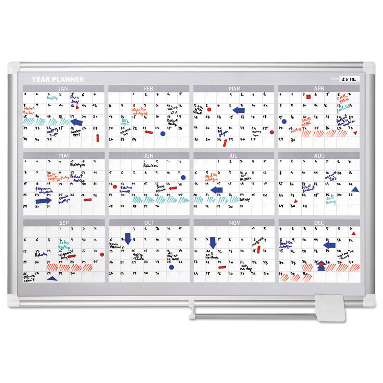 Magnetic Dry Erase Calendar Board, Four-Month Planning/Scheduling, 36" x 24", White Surface, Satin Aluminum Frame