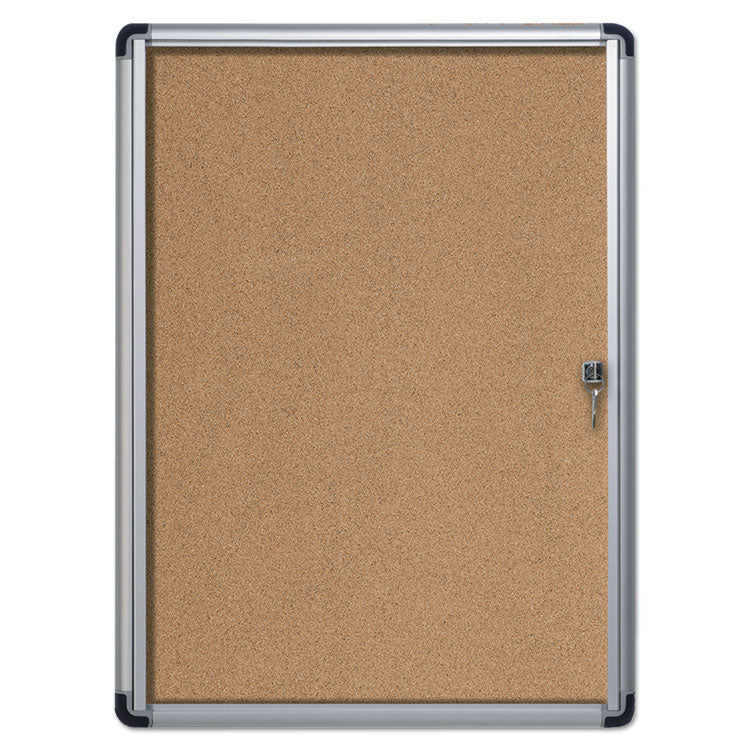 Slim-Line Enclosed Cork Bulletin Board with One Door, 28" x 38", Tan Surface, Satin Aluminum Frame