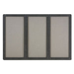 Enclosed Indoor Fabric Bulletin Board with Three Hinged Doors, 72" x 48", Gray Surface, Graphite Gray Aluminum Frame