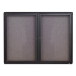 Enclosed Indoor Fabric Bulletin Board with Two Hinged Doors, 48" x 36", Gray Surface, Graphite Gray Aluminum Frame