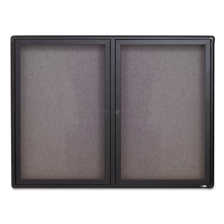 Enclosed Indoor Fabric Bulletin Board with Two Hinged Doors, 48" x 36", Gray Surface, Graphite Gray Aluminum Frame