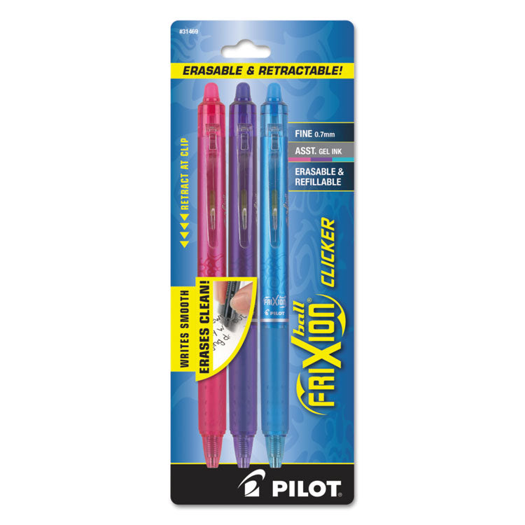 FriXion Clicker Erasable Gel Pen, Retractable, Fine 0.7 mm, Assorted Ink and Barrel Colors, 3/Pack
