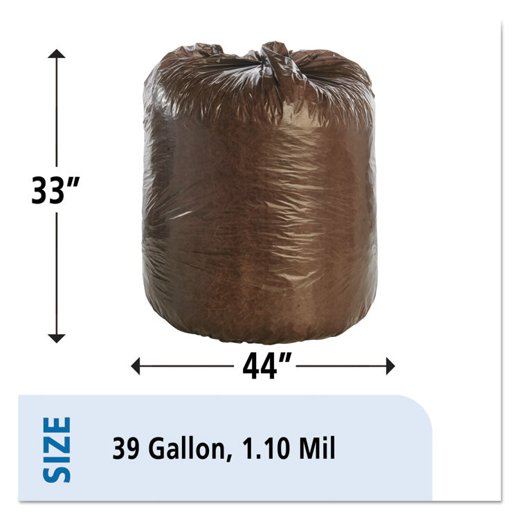 Controlled Life-Cycle Plastic Trash Bags, 39 Gal, 1.1 Mil, 33" X 44", Brown, 40/box