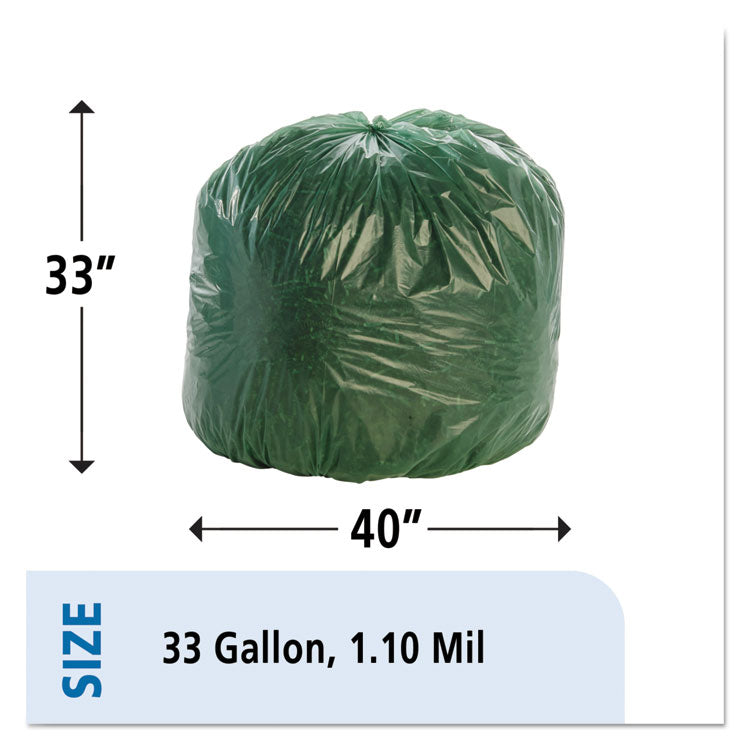 Controlled Life-Cycle Plastic Trash Bags, 33 Gal, 1.1 Mil, 33" X 40", Green, 40/box