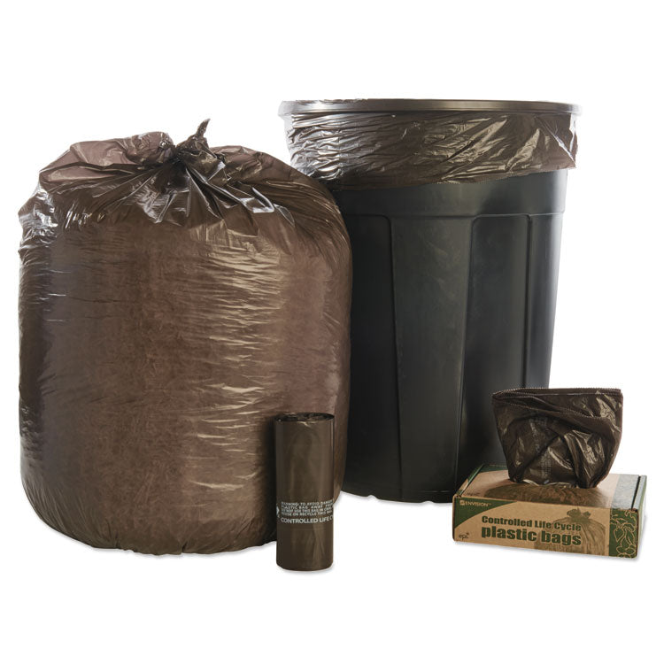 Controlled Life-Cycle Plastic Trash Bags, 30 Gal, 0.8 Mil, 30" X 36", Brown, 60/box