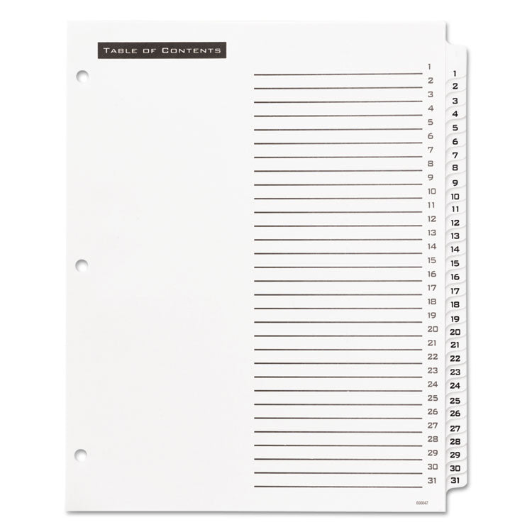 Table 'n Tabs Dividers, 31-Tab, 1 to 31, 11 x 8.5, White, White Tabs, 1 Set