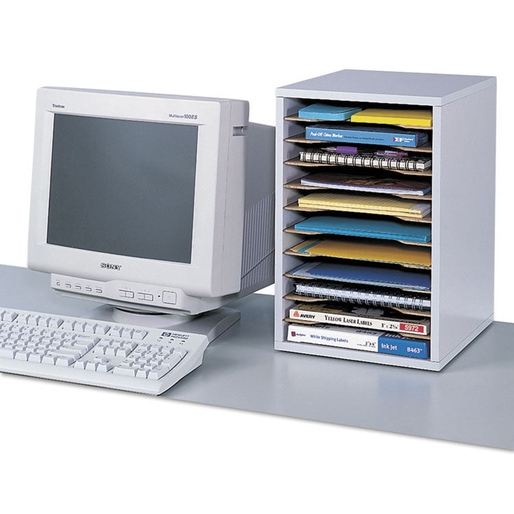 Wood Vertical Desktop Sorter, 11 Compartments, 10.63 x 11.88 x 16, Medium Oak