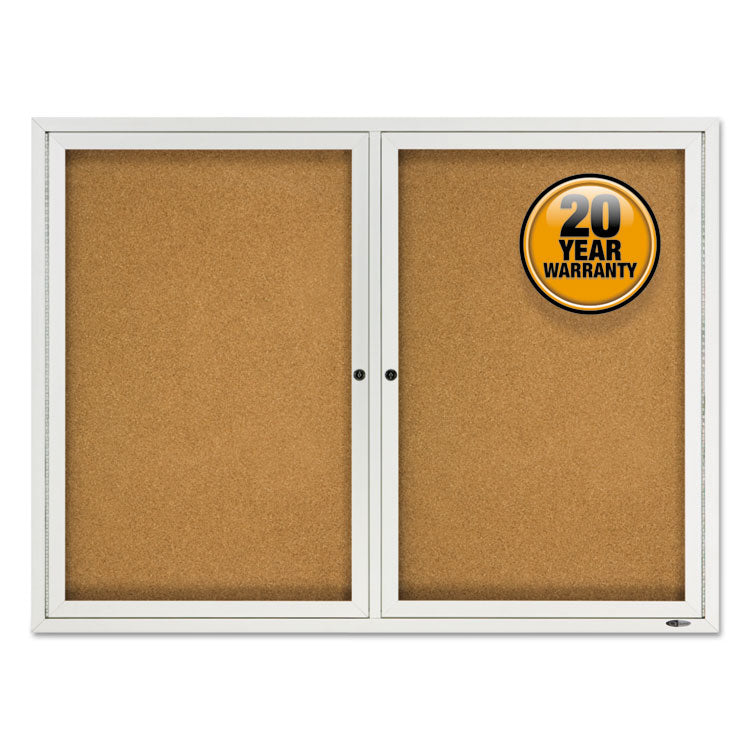 Enclosed Outdoors Bulletin Board with Two Doors, 48" x 36", Tan Surface, Anodized Aluminum Frame
