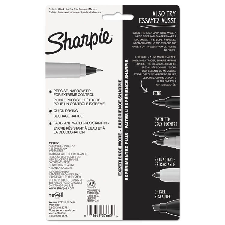 Ultra Fine Tip Permanent Marker, Ultra-Fine Needle Tip, Black, 5/Pack