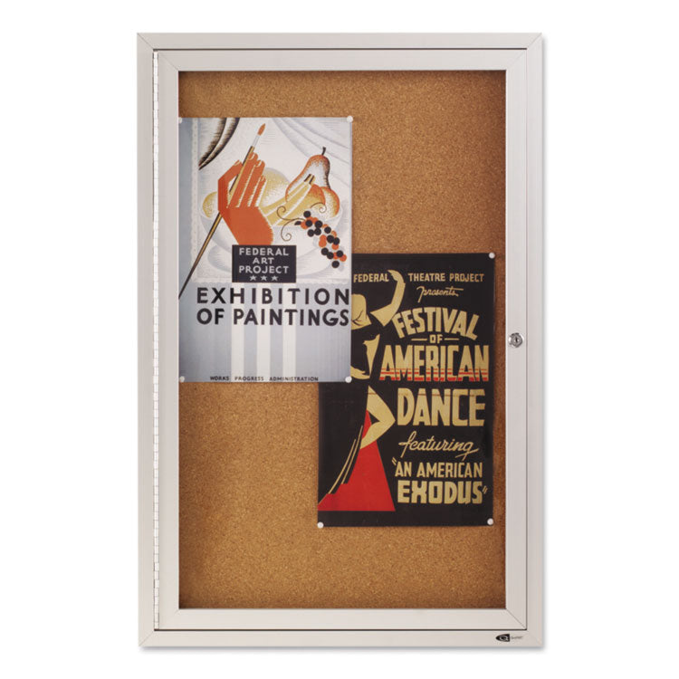 Enclosed Indoor Cork Bulletin Board with One Hinged Door, 24" x 36", Tan Surface, Satin Aluminum Frame